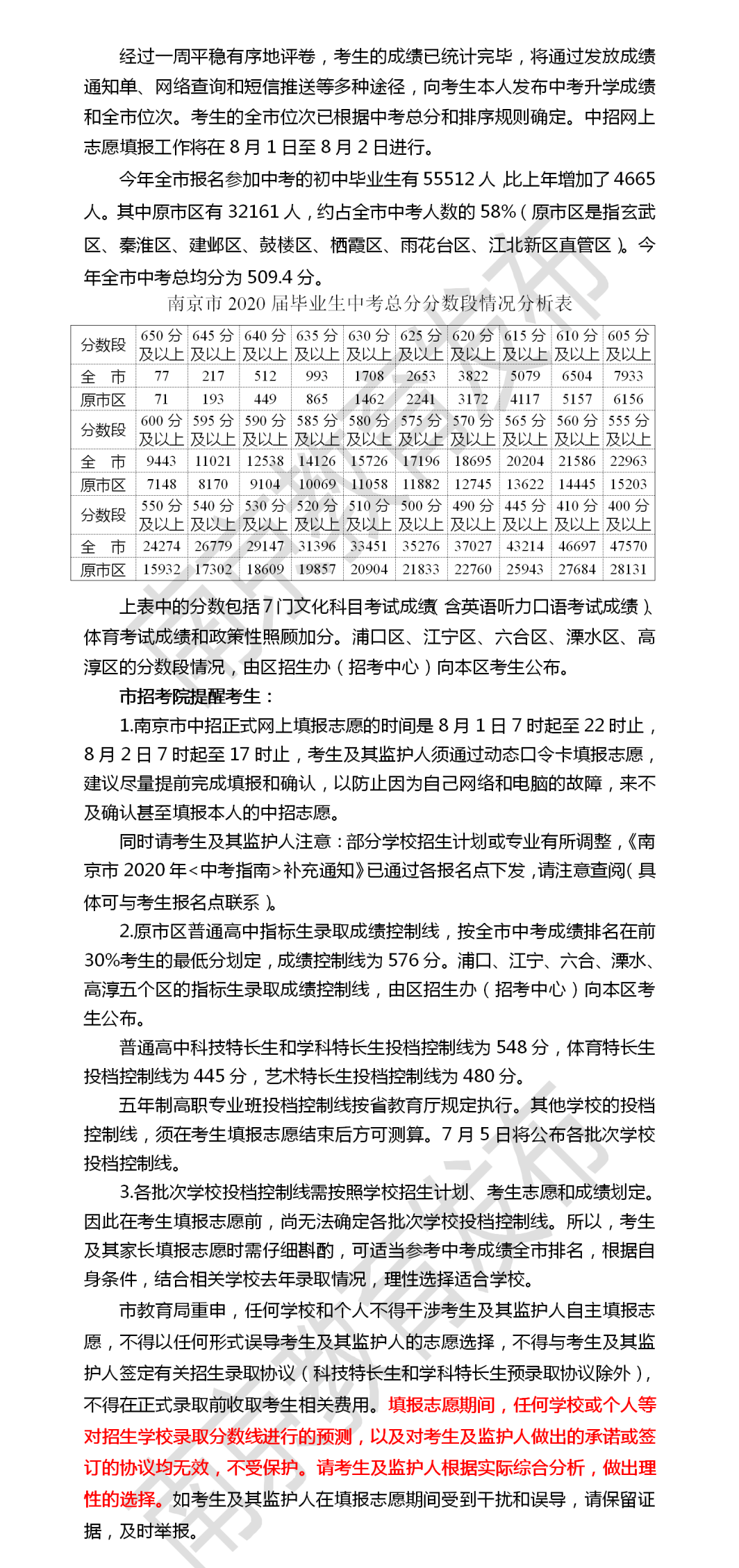 南京市中招投檔控制線揭曉?。▋?nèi)附總分分數(shù)段情況分析表）